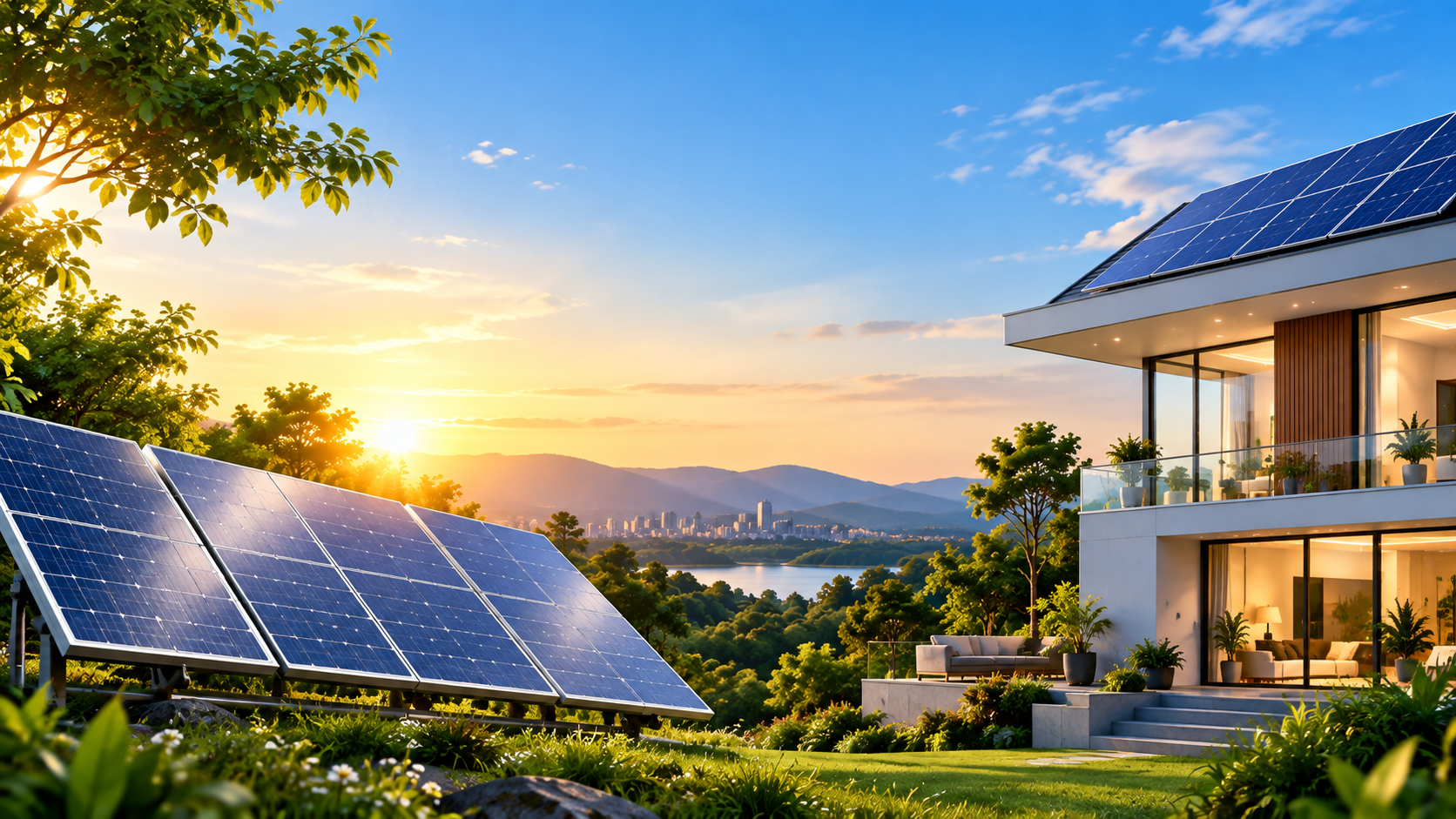 Solar panels with a modern home in the background